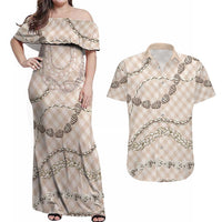 Beige Aloha Hawaii Shell Lei Couples Matching Off Shoulder Maxi Dress and Hawaiian Shirt Palaka Hebrew Cone Honey Cowrie Elegant Curves - Polynesian Pride