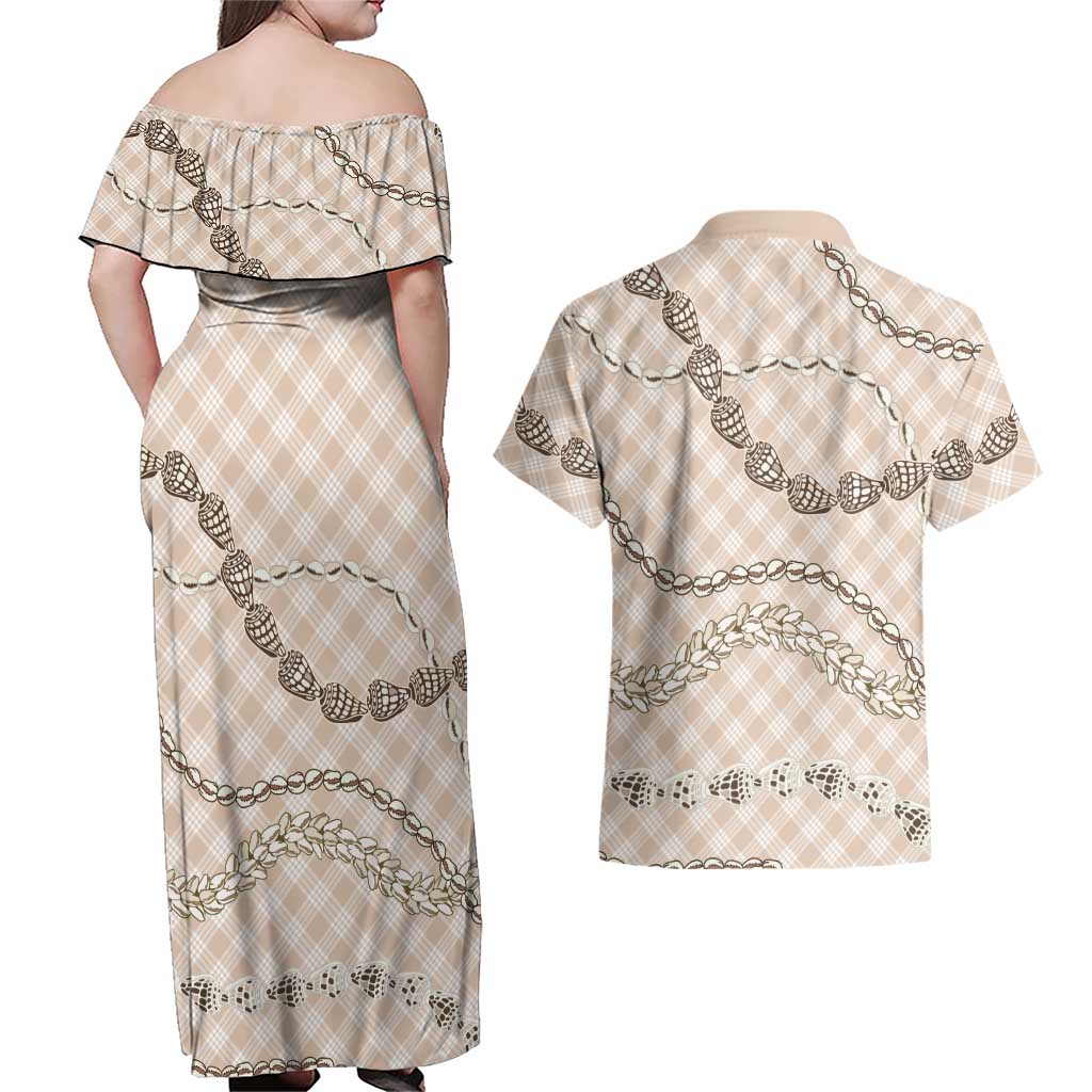 Beige Aloha Hawaii Shell Lei Couples Matching Off Shoulder Maxi Dress and Hawaiian Shirt Palaka Hebrew Cone Honey Cowrie Elegant Curves - Polynesian Pride