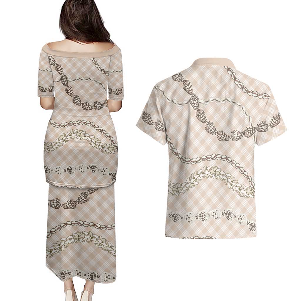 Beige Aloha Hawaii Shell Lei Couples Matching Puletasi and Hawaiian Shirt Palaka Hebrew Cone Honey Cowrie Elegant Curves - Polynesian Pride