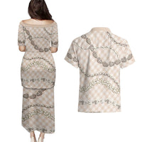 Beige Aloha Hawaii Shell Lei Couples Matching Puletasi and Hawaiian Shirt Palaka Hebrew Cone Honey Cowrie Elegant Curves - Polynesian Pride