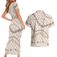 Beige Aloha Hawaii Shell Lei Couples Matching Short Sleeve Bodycon Dress and Hawaiian Shirt Palaka Hebrew Cone Honey Cowrie Elegant Curves LT14 - Polynesian Pride