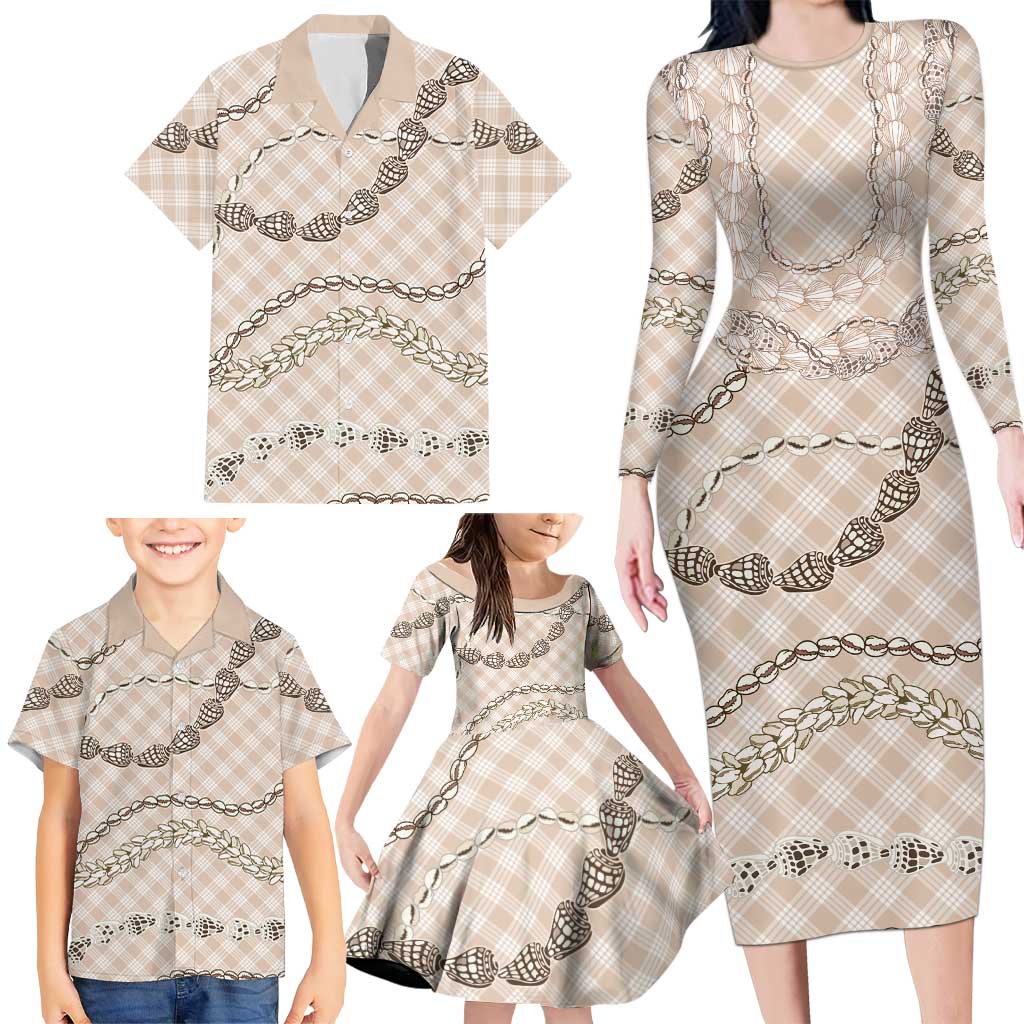 Beige Aloha Hawaii Shell Lei Family Matching Long Sleeve Bodycon Dress and Hawaiian Shirt Palaka Hebrew Cone Honey Cowrie Elegant Curves - Polynesian Pride