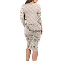 Beige Aloha Hawaii Shell Lei Family Matching Long Sleeve Bodycon Dress and Hawaiian Shirt Palaka Hebrew Cone Honey Cowrie Elegant Curves LT14 - Polynesian Pride