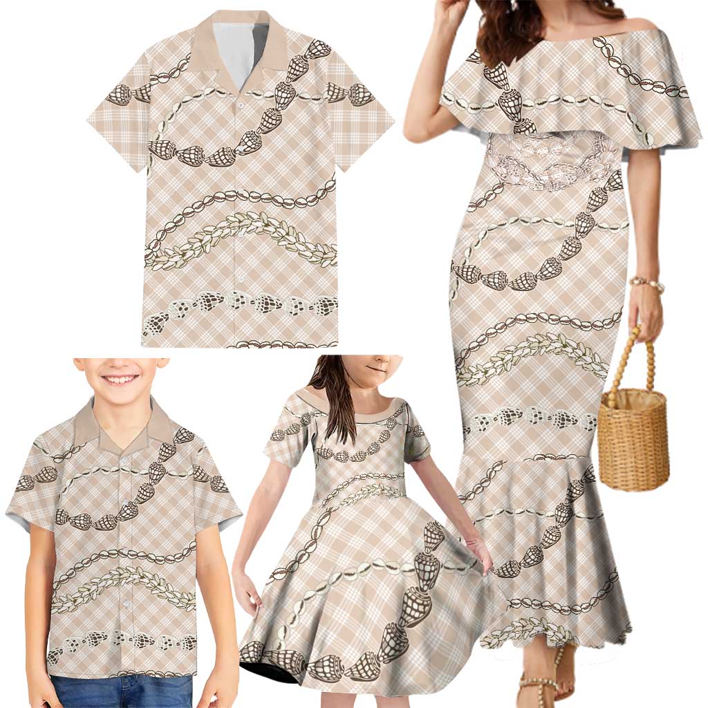 Beige Aloha Hawaii Shell Lei Family Matching Mermaid Dress and Hawaiian Shirt Palaka Hebrew Cone Honey Cowrie Elegant Curves - Polynesian Pride