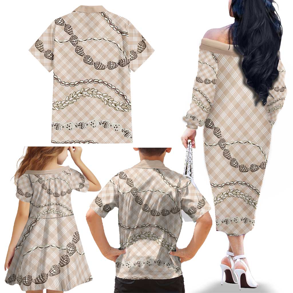 Beige Aloha Hawaii Shell Lei Family Matching Off The Shoulder Long Sleeve Dress and Hawaiian Shirt Palaka Hebrew Cone Honey Cowrie Elegant Curves LT14 - Polynesian Pride