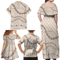 Beige Aloha Hawaii Shell Lei Family Matching Off Shoulder Maxi Dress and Hawaiian Shirt Palaka Hebrew Cone Honey Cowrie Elegant Curves LT14 - Polynesian Pride