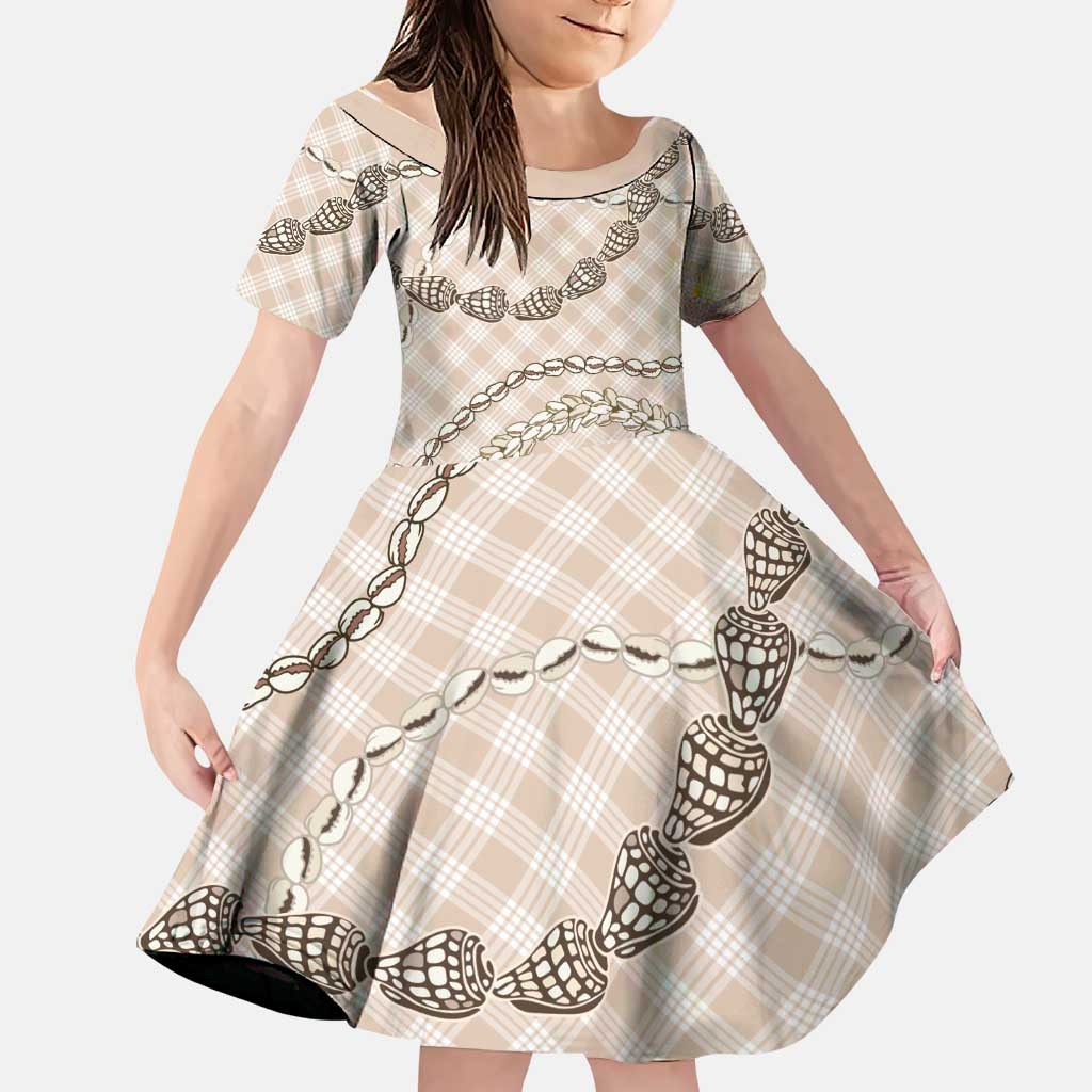 Beige Aloha Hawaii Shell Lei Family Matching Off Shoulder Short Dress and Hawaiian Shirt Palaka Hebrew Cone Honey Cowrie Elegant Curves LT14 Daughter's Dress Beige - Polynesian Pride