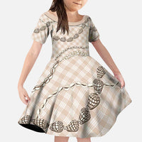 Beige Aloha Hawaii Shell Lei Family Matching Off Shoulder Short Dress and Hawaiian Shirt Palaka Hebrew Cone Honey Cowrie Elegant Curves LT14 Daughter's Dress Beige - Polynesian Pride