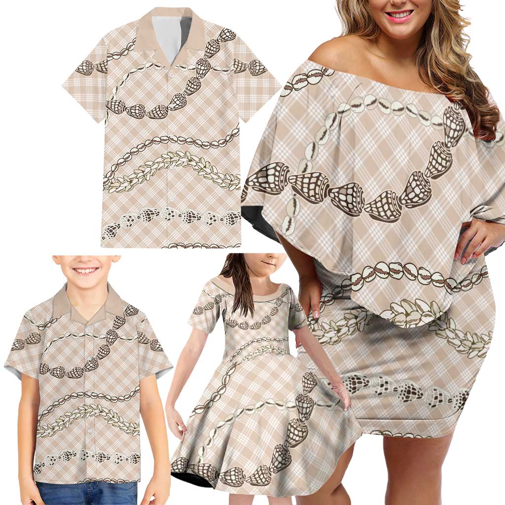 Beige Aloha Hawaii Shell Lei Family Matching Off Shoulder Short Dress and Hawaiian Shirt Palaka Hebrew Cone Honey Cowrie Elegant Curves - Polynesian Pride