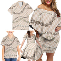 Beige Aloha Hawaii Shell Lei Family Matching Off Shoulder Short Dress and Hawaiian Shirt Palaka Hebrew Cone Honey Cowrie Elegant Curves LT14 - Polynesian Pride