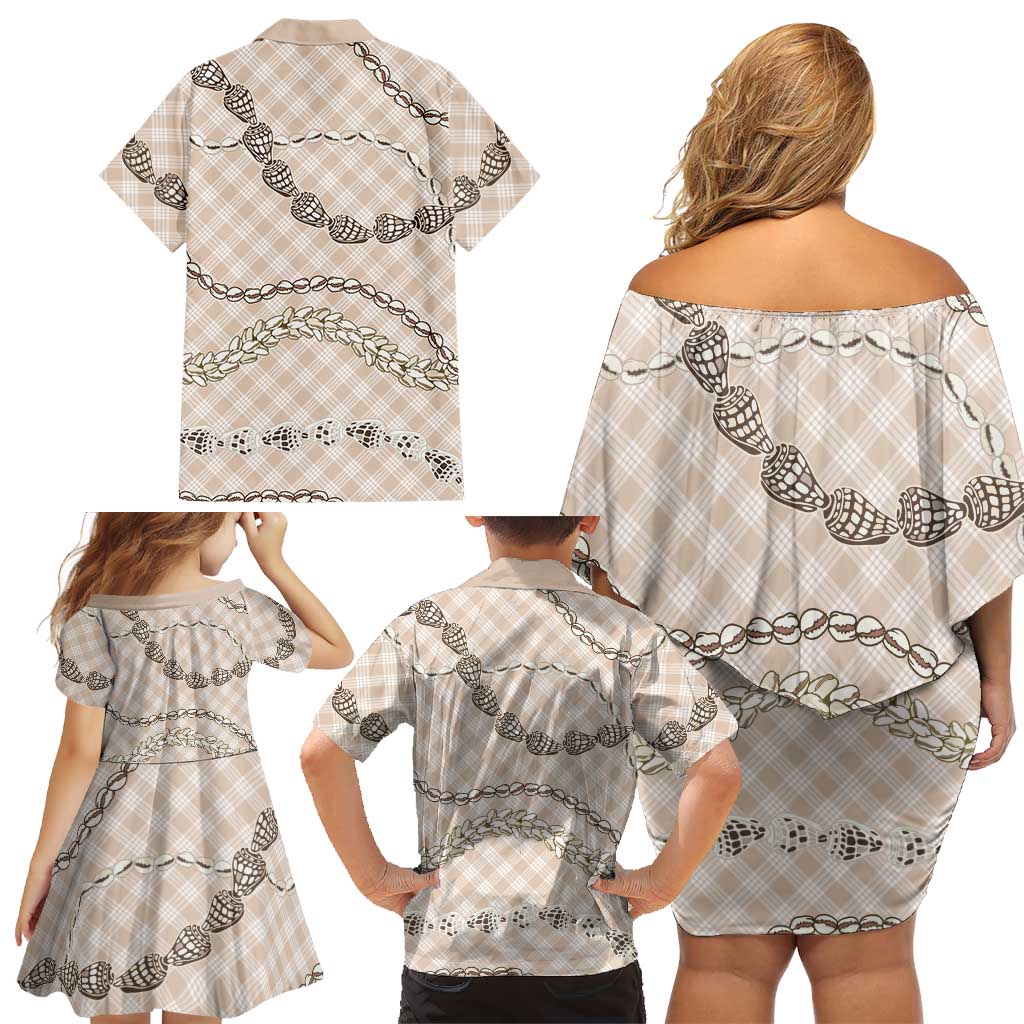 Beige Aloha Hawaii Shell Lei Family Matching Off Shoulder Short Dress and Hawaiian Shirt Palaka Hebrew Cone Honey Cowrie Elegant Curves LT14 - Polynesian Pride