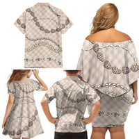 Beige Aloha Hawaii Shell Lei Family Matching Off Shoulder Short Dress and Hawaiian Shirt Palaka Hebrew Cone Honey Cowrie Elegant Curves LT14 - Polynesian Pride
