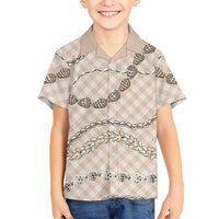 Beige Aloha Hawaii Shell Lei Family Matching Off Shoulder Short Dress and Hawaiian Shirt Palaka Hebrew Cone Honey Cowrie Elegant Curves LT14 Son's Shirt Beige - Polynesian Pride