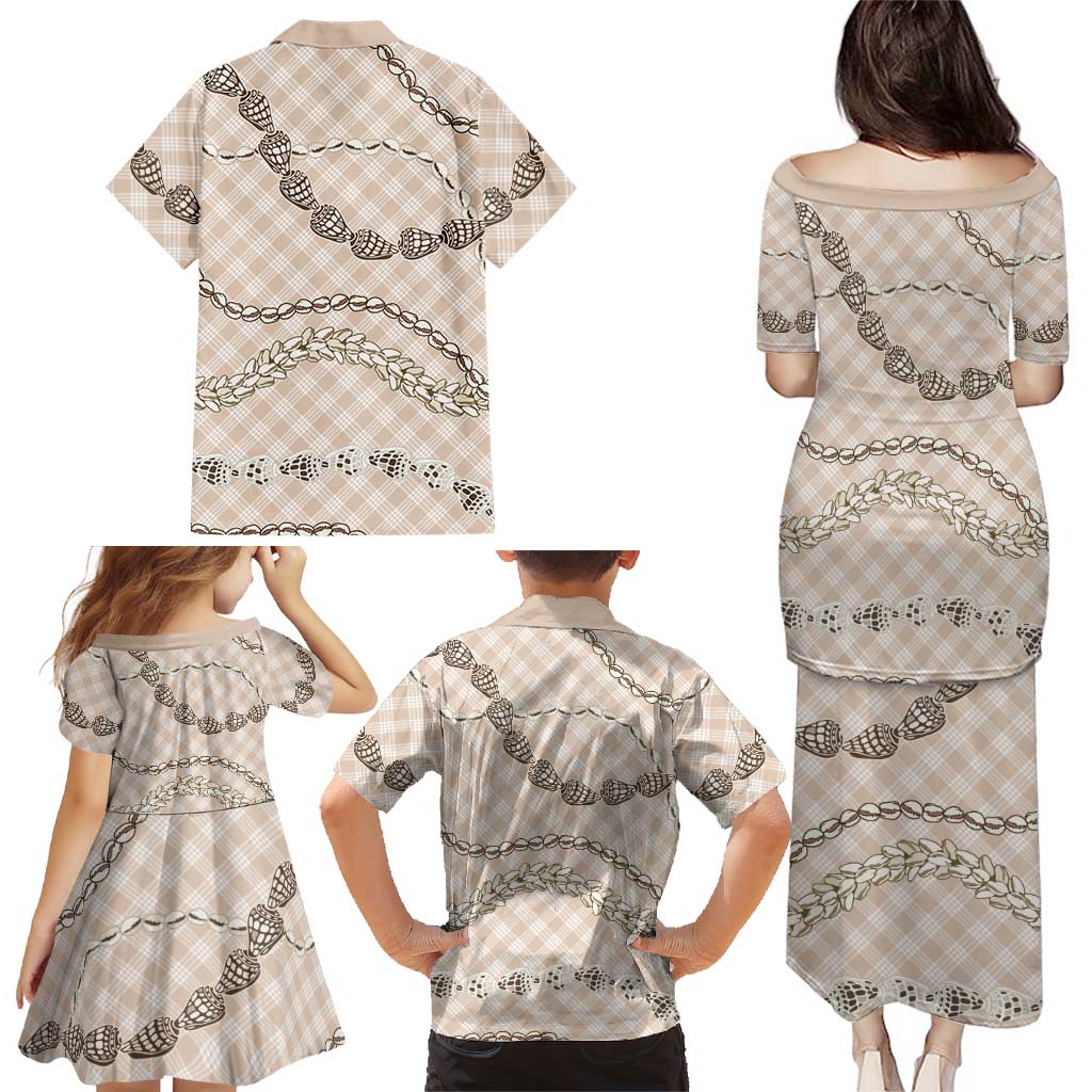 Beige Aloha Hawaii Shell Lei Family Matching Puletasi and Hawaiian Shirt Palaka Hebrew Cone Honey Cowrie Elegant Curves LT14 - Polynesian Pride