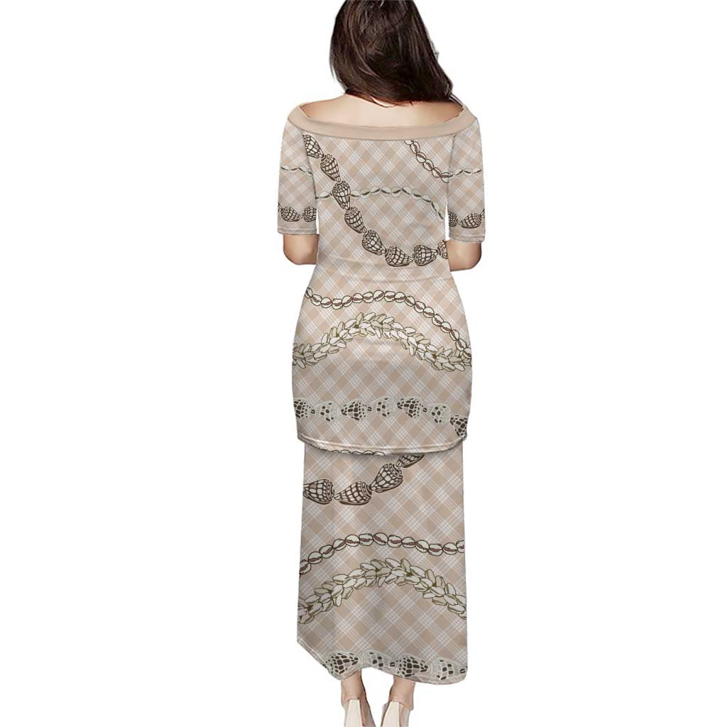 Beige Aloha Hawaii Shell Lei Family Matching Puletasi and Hawaiian Shirt Palaka Hebrew Cone Honey Cowrie Elegant Curves LT14 - Polynesian Pride
