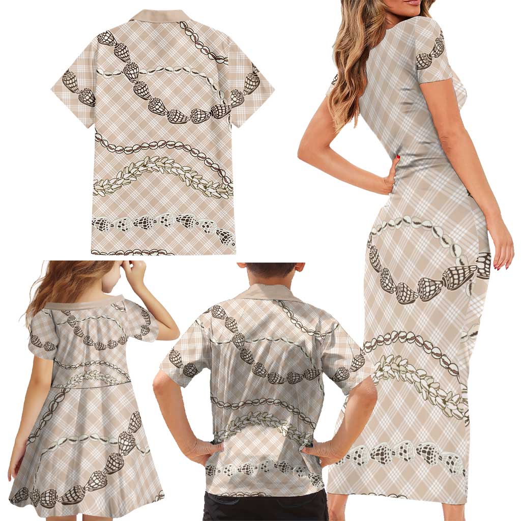 Beige Aloha Hawaii Shell Lei Family Matching Short Sleeve Bodycon Dress and Hawaiian Shirt Palaka Hebrew Cone Honey Cowrie Elegant Curves LT14 - Polynesian Pride