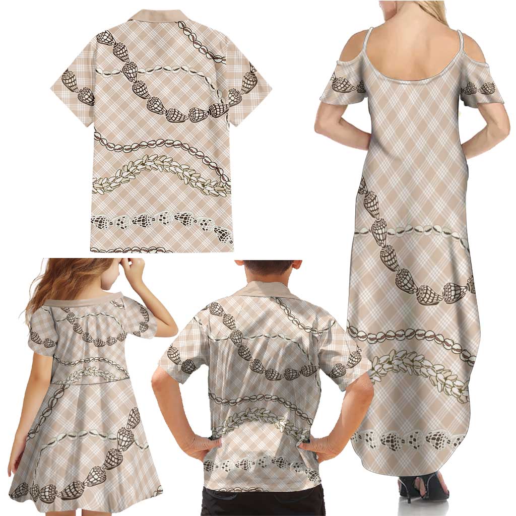 Beige Aloha Hawaii Shell Lei Family Matching Summer Maxi Dress and Hawaiian Shirt Palaka Hebrew Cone Honey Cowrie Elegant Curves LT14 - Polynesian Pride