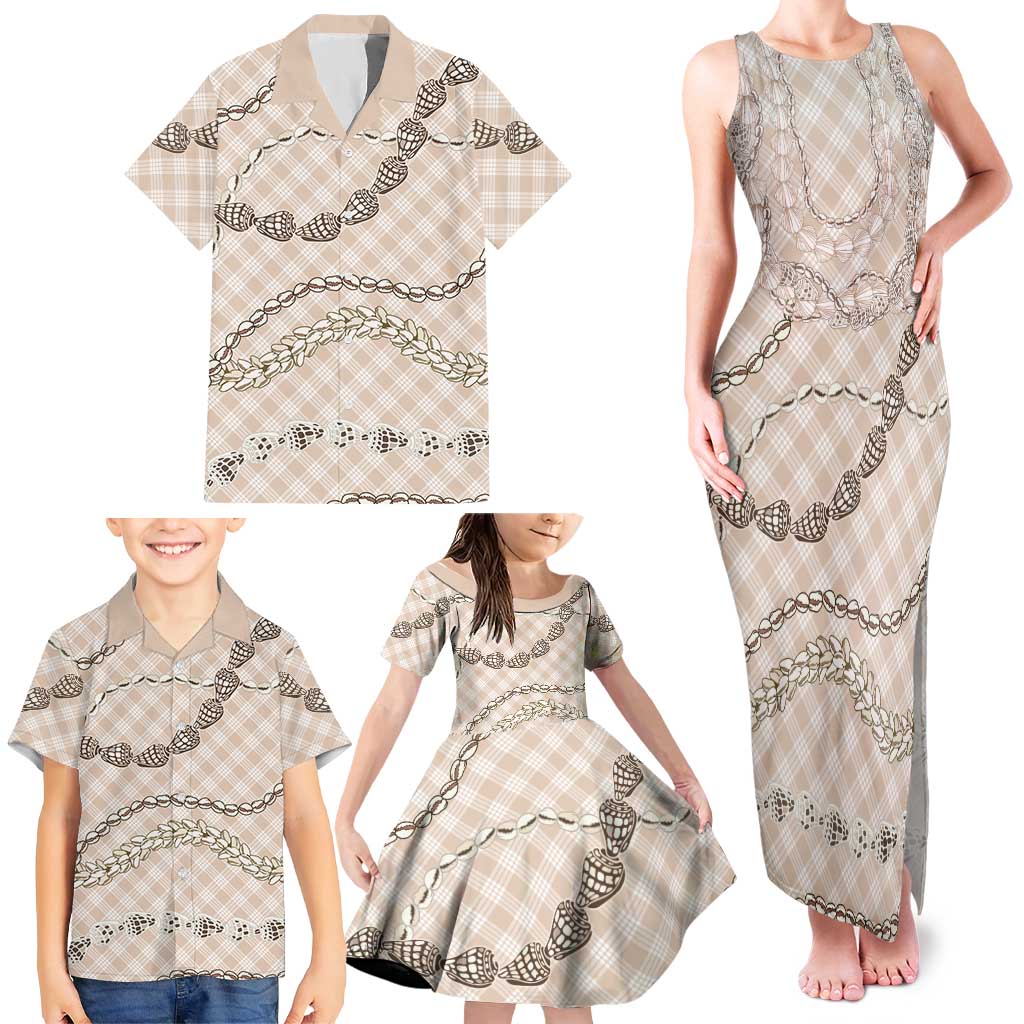 Beige Aloha Hawaii Shell Lei Family Matching Tank Maxi Dress and Hawaiian Shirt Palaka Hebrew Cone Honey Cowrie Elegant Curves - Polynesian Pride