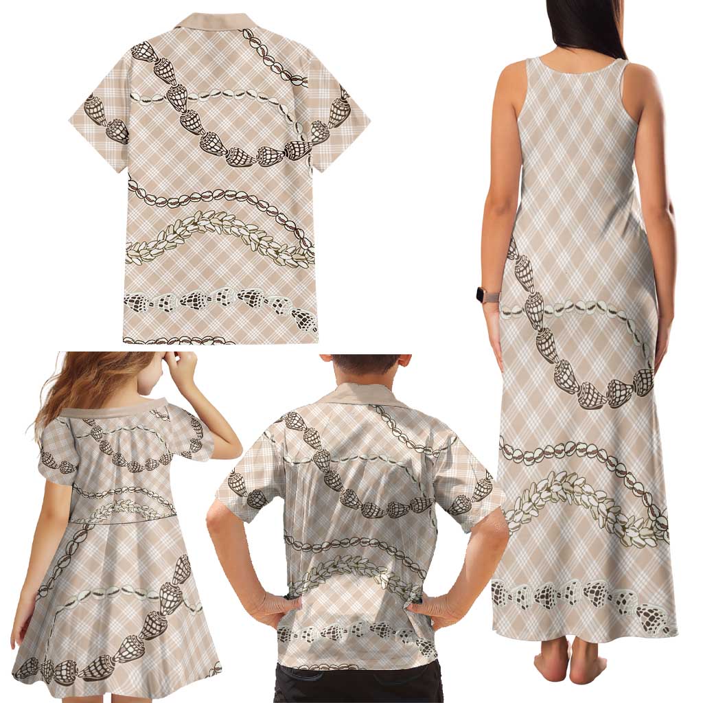 Beige Aloha Hawaii Shell Lei Family Matching Tank Maxi Dress and Hawaiian Shirt Palaka Hebrew Cone Honey Cowrie Elegant Curves LT14 - Polynesian Pride
