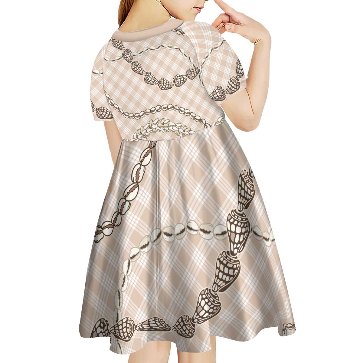 Beige Aloha Hawaii Shell Lei Kid Short Sleeve Dress Palaka Hebrew Cone Honey Cowrie Elegant Curves - Polynesian Pride