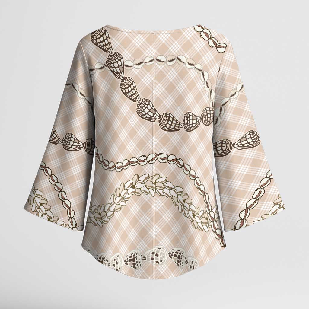 Beige Aloha Hawaii Shell Lei Kimono Sleeve Blouse Palaka Hebrew Cone Honey Cowrie Elegant Curves - Polynesian Pride