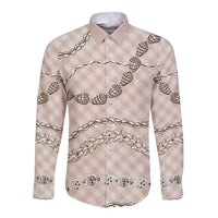 Beige Aloha Hawaii Shell Lei Long Sleeve Button Shirt Palaka Hebrew Cone Honey Cowrie Elegant Curves - Polynesian Pride