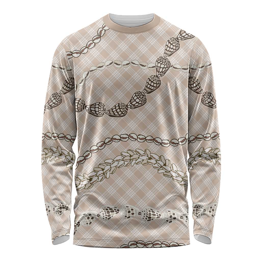 Beige Aloha Hawaii Shell Lei Long Sleeve Shirt Palaka Hebrew Cone Honey Cowrie Elegant Curves - Polynesian Pride