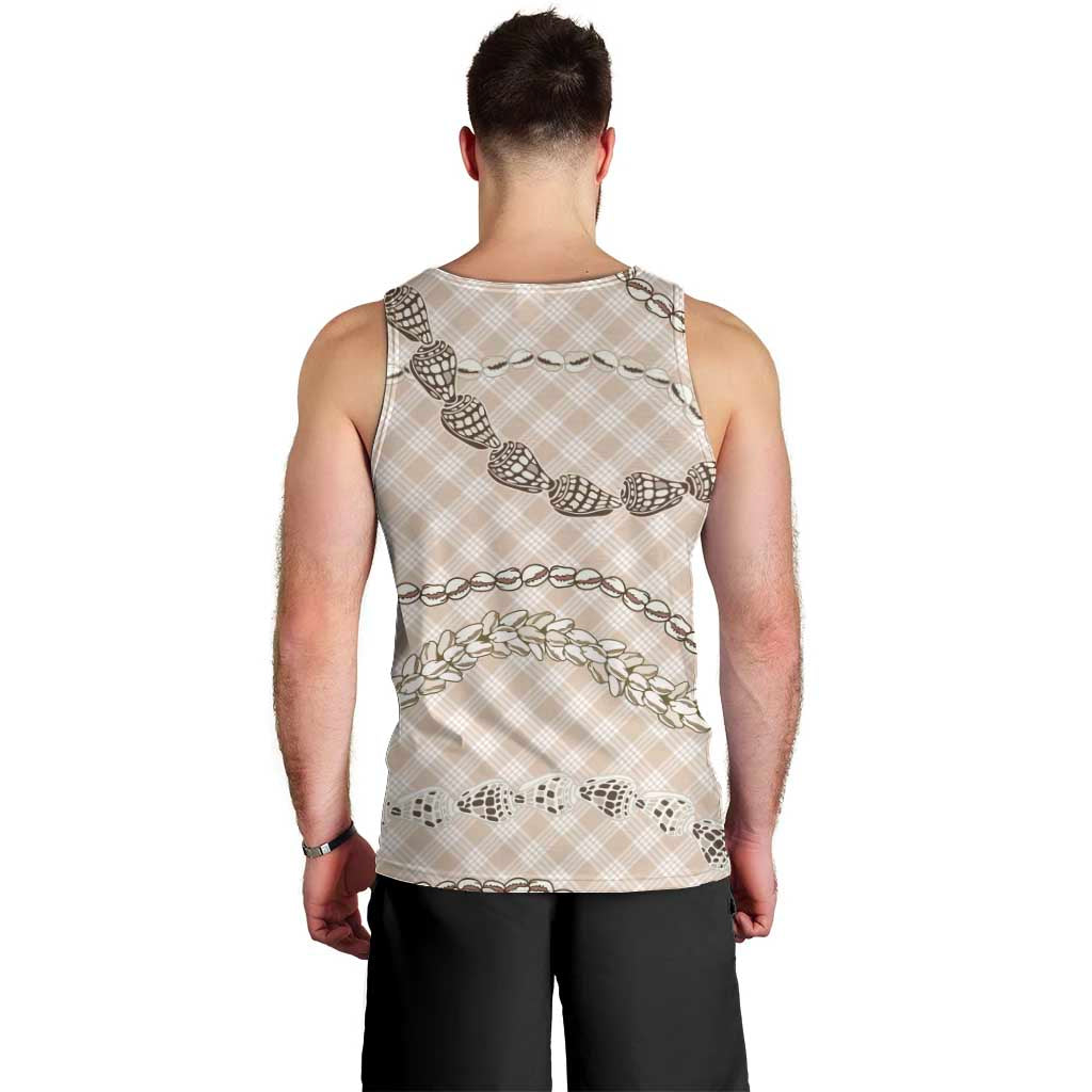 Beige Aloha Hawaii Shell Lei Men Tank Top Palaka Hebrew Cone Honey Cowrie Elegant Curves - Polynesian Pride