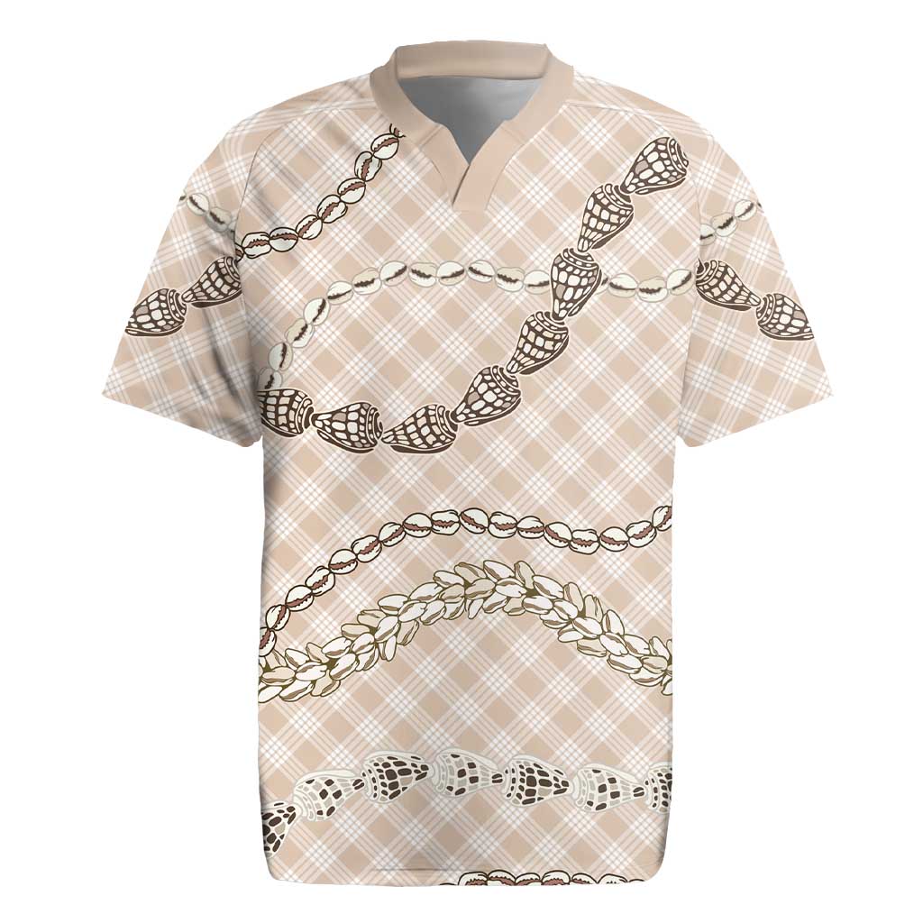 Beige Aloha Hawaii Shell Lei Rugby Jersey Palaka Hebrew Cone Honey Cowrie Elegant Curves - Polynesian Pride