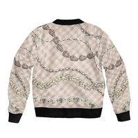 Beige Aloha Hawaii Shell Lei Sleeve Zip Bomber Jacket Palaka Hebrew Cone Honey Cowrie Elegant Curves - Polynesian Pride