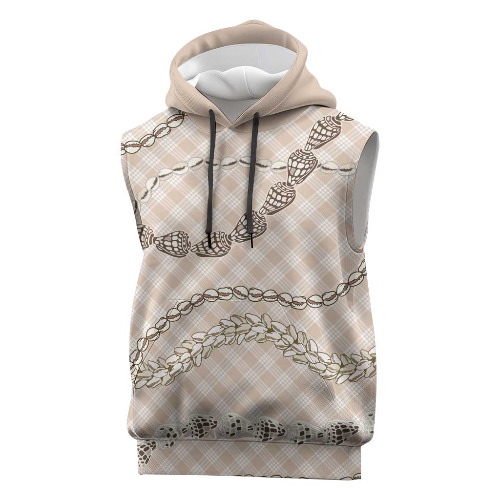 Beige Aloha Hawaii Shell Lei Sleeveless Hoodie Palaka Hebrew Cone Honey Cowrie Elegant Curves - Polynesian Pride