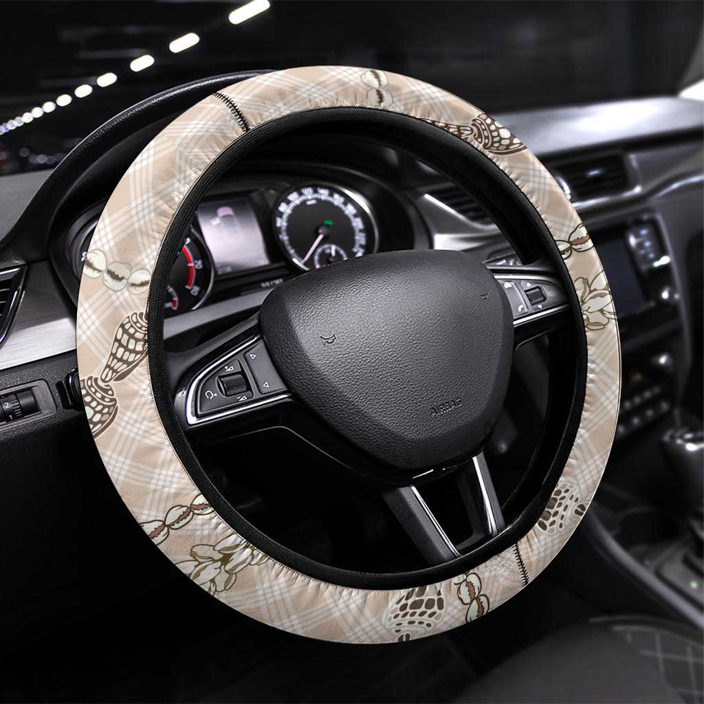 Beige Aloha Hawaii Shell Lei Steering Wheel Cover Palaka Hebrew Cone Honey Cowrie Elegant Curves - Polynesian Pride