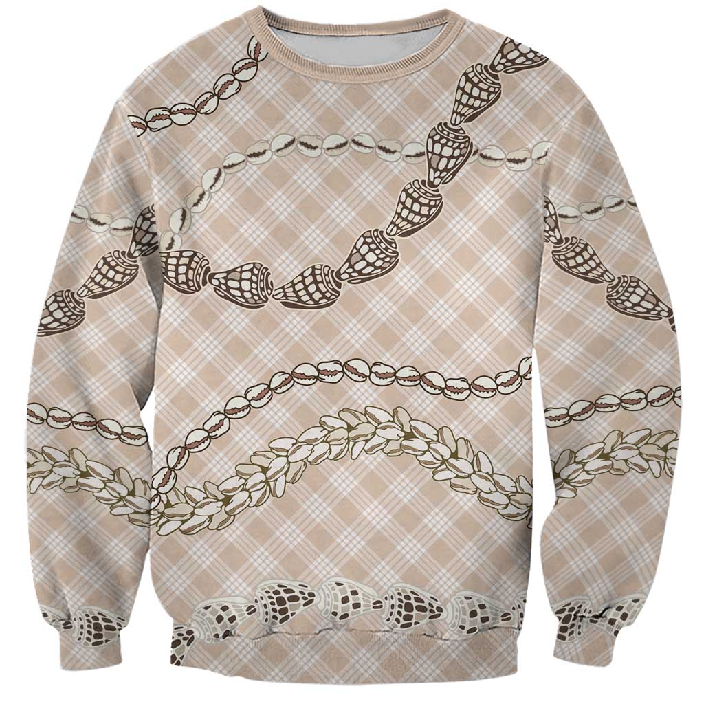 Beige Aloha Hawaii Shell Lei Sweatshirt Palaka Hebrew Cone Honey Cowrie Elegant Curves - Polynesian Pride