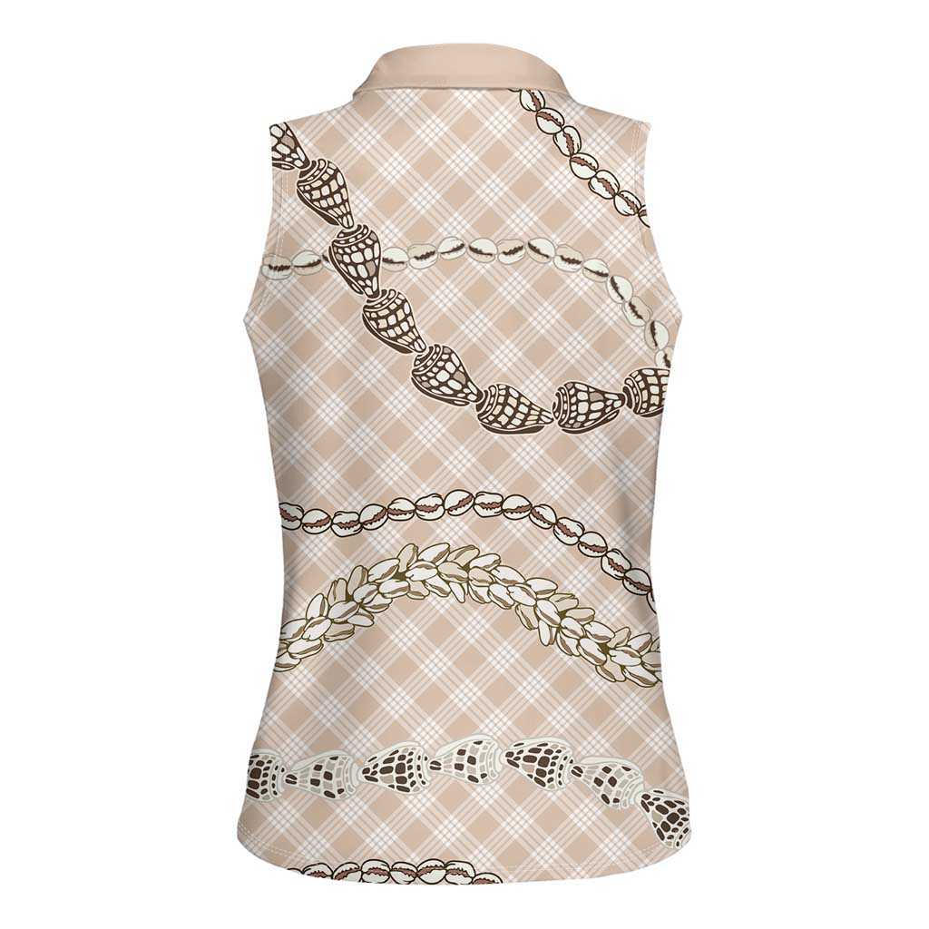 Beige Aloha Hawaii Shell Lei Women Sleeveless Polo Shirt Palaka Hebrew Cone Honey Cowrie Elegant Curves - Polynesian Pride