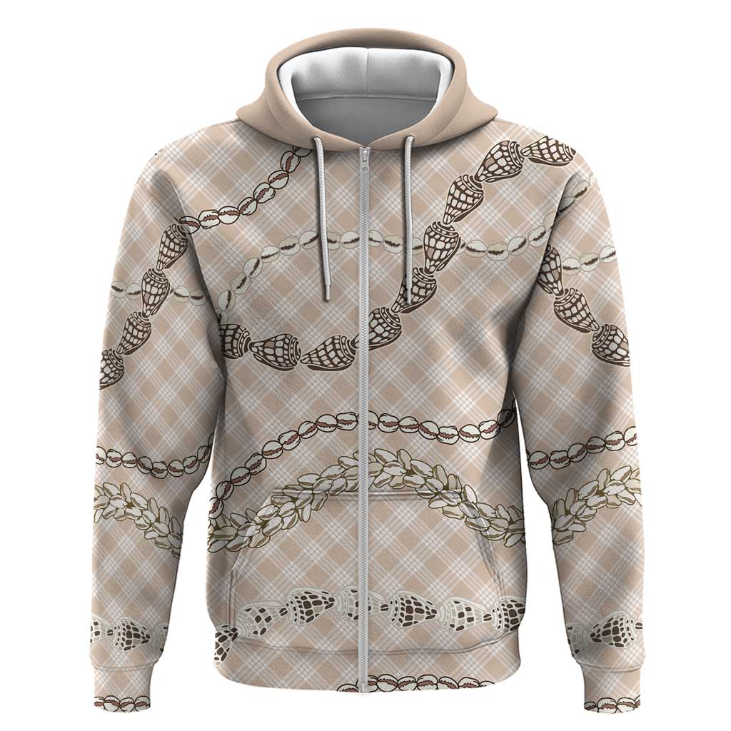 Beige Aloha Hawaii Shell Lei Zip Hoodie Palaka Hebrew Cone Honey Cowrie Elegant Curves - Polynesian Pride