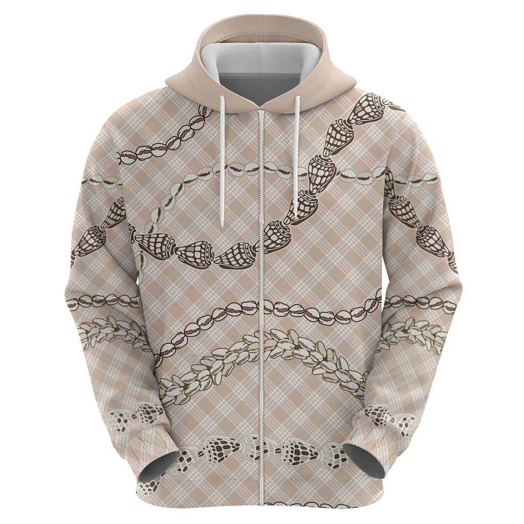 Beige Aloha Hawaii Shell Lei Zip Hoodie Palaka Hebrew Cone Honey Cowrie Elegant Curves - Polynesian Pride