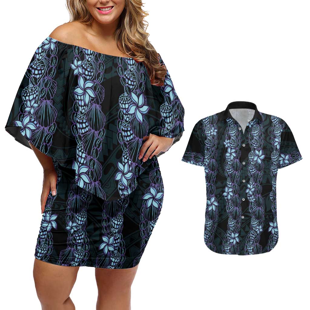 Purple Paradise Hawaii Shell Lei Couples Matching Off Shoulder Short Dress and Hawaiian Shirt Hawaiian Sunrise Shell Hebrew Cone Plumeria - Polynesian Pride
