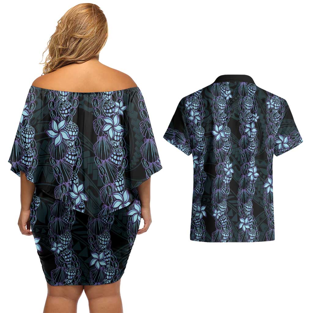 Purple Paradise Hawaii Shell Lei Couples Matching Off Shoulder Short Dress and Hawaiian Shirt Hawaiian Sunrise Shell Hebrew Cone Plumeria - Polynesian Pride