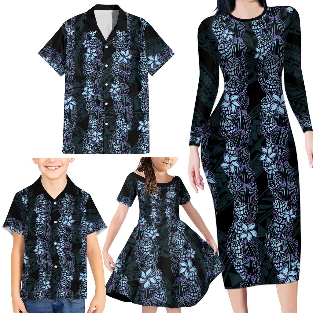 Purple Paradise Hawaii Shell Lei Family Matching Long Sleeve Bodycon Dress and Hawaiian Shirt Hawaiian Sunrise Shell Hebrew Cone Plumeria LT14 - Polynesian Pride
