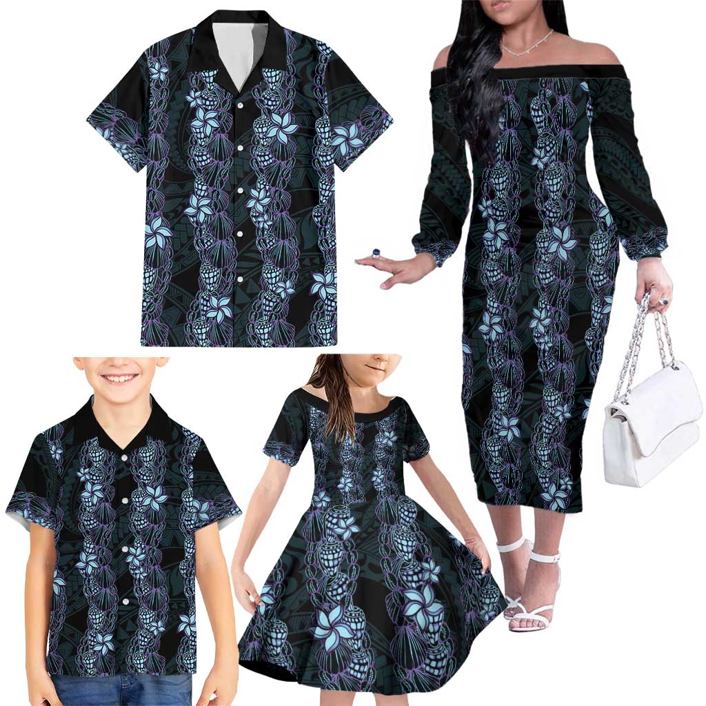 Purple Paradise Hawaii Shell Lei Family Matching Off The Shoulder Long Sleeve Dress and Hawaiian Shirt Hawaiian Sunrise Shell Hebrew Cone Plumeria - Polynesian Pride