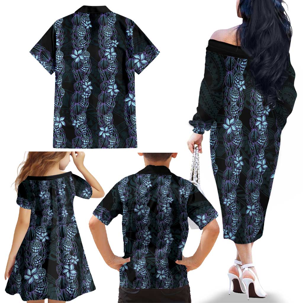 Purple Paradise Hawaii Shell Lei Family Matching Off The Shoulder Long Sleeve Dress and Hawaiian Shirt Hawaiian Sunrise Shell Hebrew Cone Plumeria LT14 - Polynesian Pride