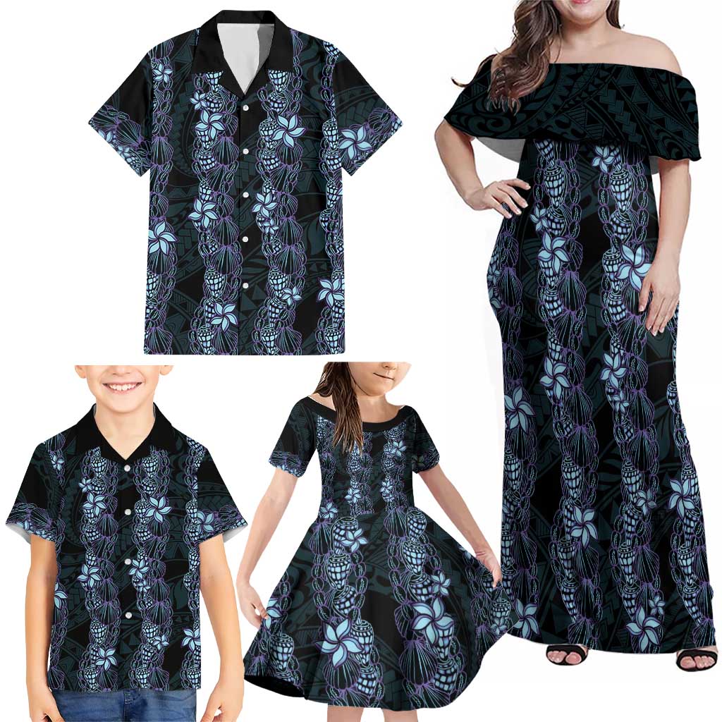 Purple Paradise Hawaii Shell Lei Family Matching Off Shoulder Maxi Dress and Hawaiian Shirt Hawaiian Sunrise Shell Hebrew Cone Plumeria - Polynesian Pride
