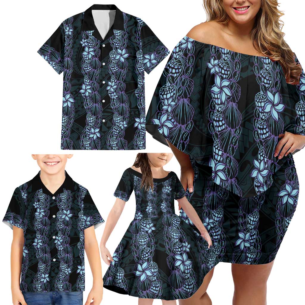 Purple Paradise Hawaii Shell Lei Family Matching Off Shoulder Short Dress and Hawaiian Shirt Hawaiian Sunrise Shell Hebrew Cone Plumeria LT14 - Polynesian Pride