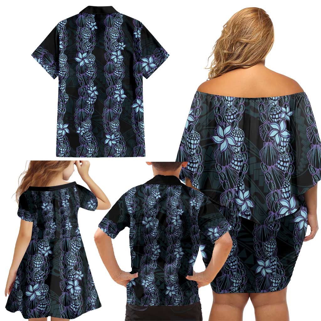 Purple Paradise Hawaii Shell Lei Family Matching Off Shoulder Short Dress and Hawaiian Shirt Hawaiian Sunrise Shell Hebrew Cone Plumeria LT14 - Polynesian Pride