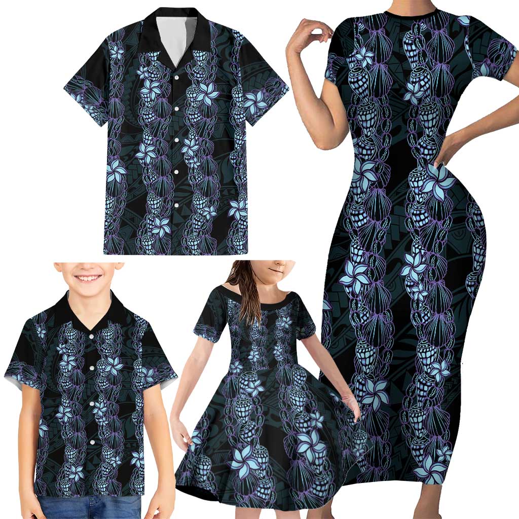 Purple Paradise Hawaii Shell Lei Family Matching Short Sleeve Bodycon Dress and Hawaiian Shirt Hawaiian Sunrise Shell Hebrew Cone Plumeria - Polynesian Pride