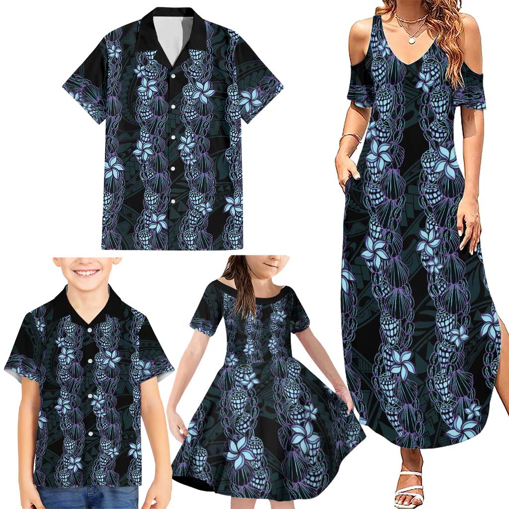Purple Paradise Hawaii Shell Lei Family Matching Summer Maxi Dress and Hawaiian Shirt Hawaiian Sunrise Shell Hebrew Cone Plumeria - Polynesian Pride