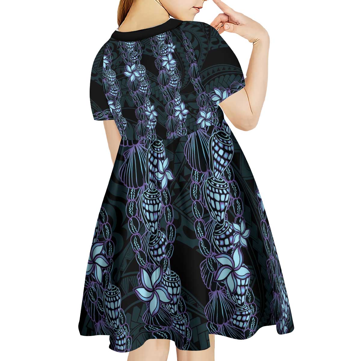 Purple Paradise Hawaii Shell Lei Kid Short Sleeve Dress Hawaiian Sunrise Shell Hebrew Cone Plumeria - Polynesian Pride