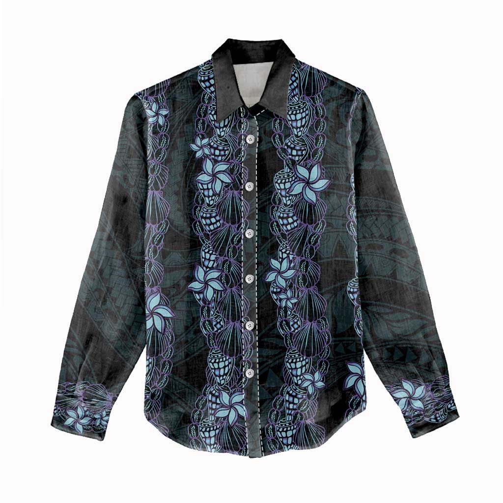 Purple Paradise Hawaii Shell Lei Women Casual Shirt Hawaiian Sunrise Shell Hebrew Cone Plumeria - Polynesian Pride
