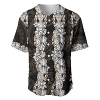 Black and Beige Hawaii Shell Lei Baseball Jersey Hawaiian Sunrise Shell Hebrew Cone Plumeria - Polynesian Pride