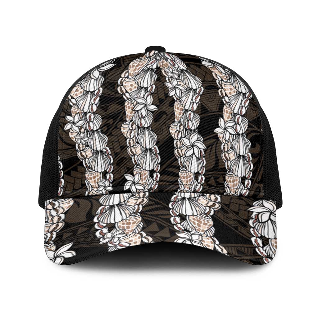Black and Beige Hawaii Shell Lei Baseball Net Cap Hawaiian Sunrise Shell Hebrew Cone Plumeria - Polynesian Pride